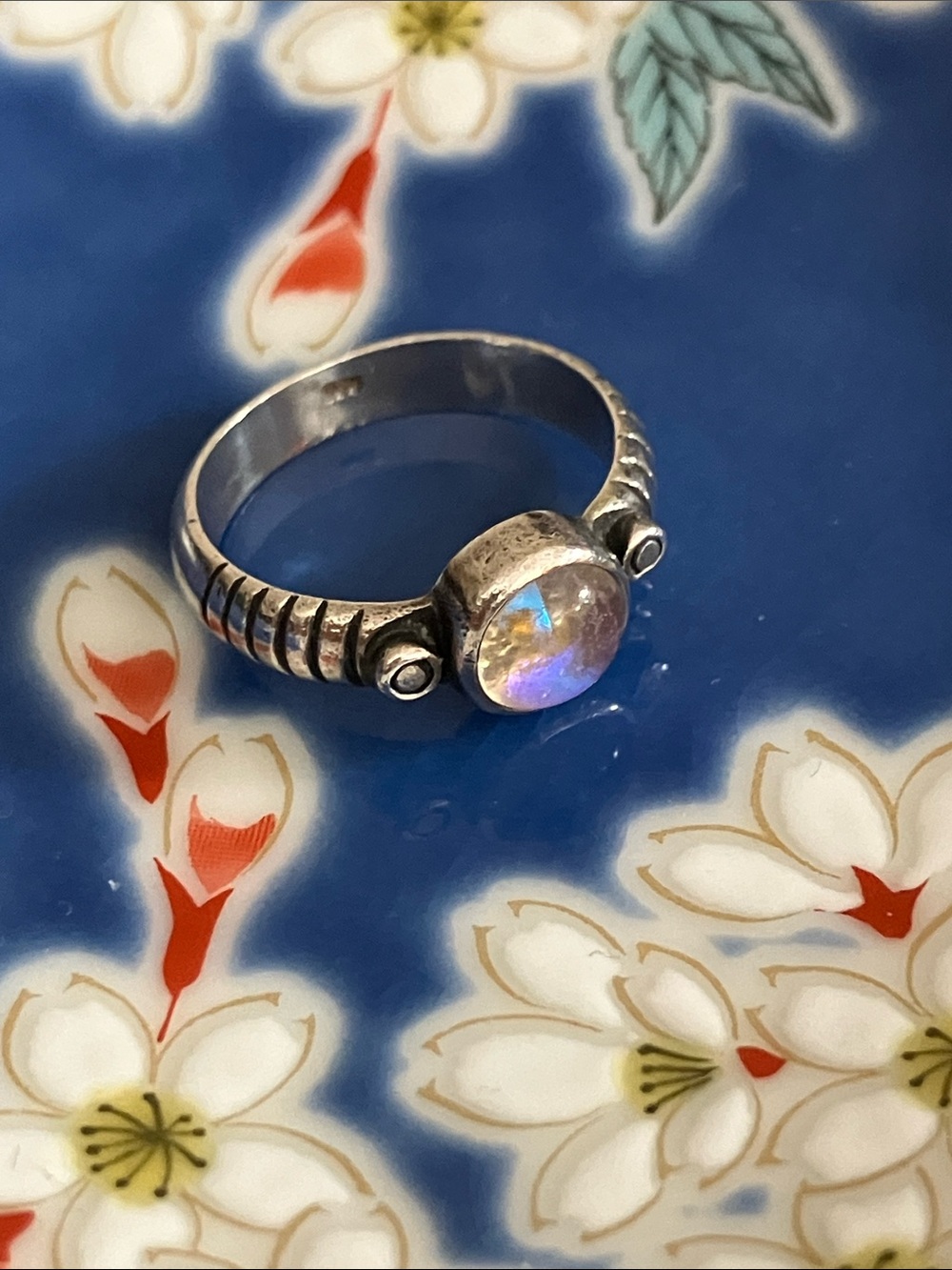 Silver Moonstone Ring - Iridescent Opal-Like Center